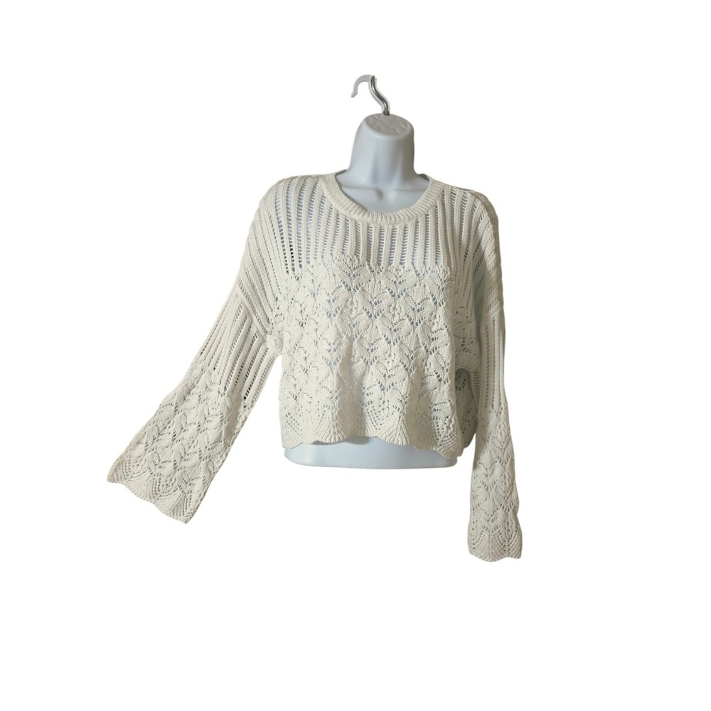 Magnolia Boutique Off-White Cropped Open-Knit LS Sweater M‎